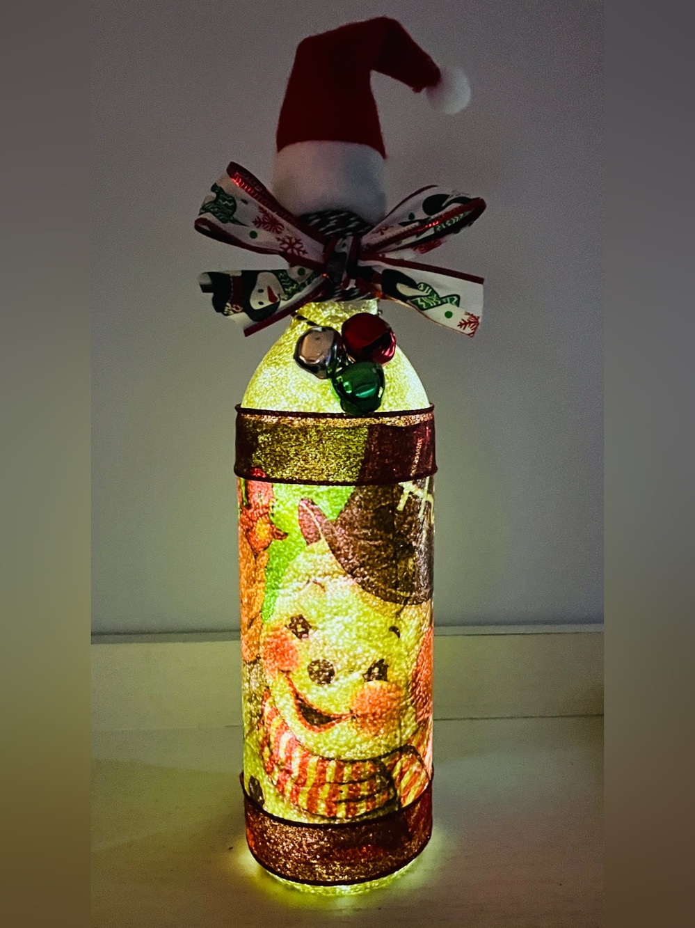 Holiday Snowman Decorative Light Bottle - Red Hat